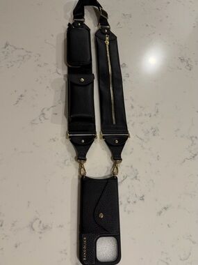 Bandolier Black Leather Crossbody for I Phone 15 PRO Case with Gold Hardware